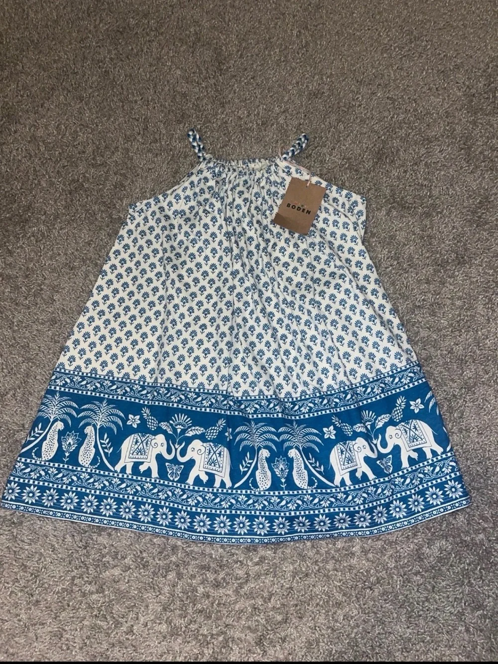 Mini Boden White and Blue Elephant Border Sundress